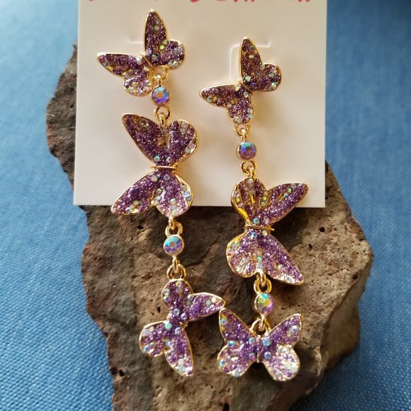 Betsey Johnson Purple Butterflies Dangle Earrings - NWT - Picture 4 of 6
